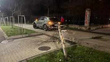 (FOTO) Un șofer „a luat cu asalt” un copac, un coș de gunoi și un semn rutier, într-o intersecție din Chișinău