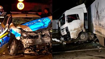 (FOTO) Autospecială a poliției române, spulberată de un TIR, la Botoșani. Polițiști au fost aruncaţi la câţiva metri pe asfalt