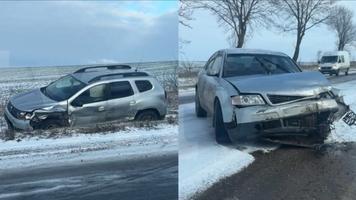 Un Duster „a plonjat” într-un șanț, dupoă ce s-a ciocnit cu un Audi, la Sîngerei