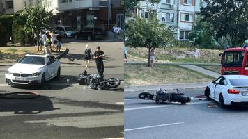(VIDEO) Motociclist doborât de un BMW în Chișinău. Ambii conducători - la spital