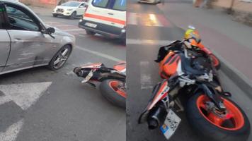 Un motociclist și pasagera sa, „descălecați” de un Mercedes, la Bălți